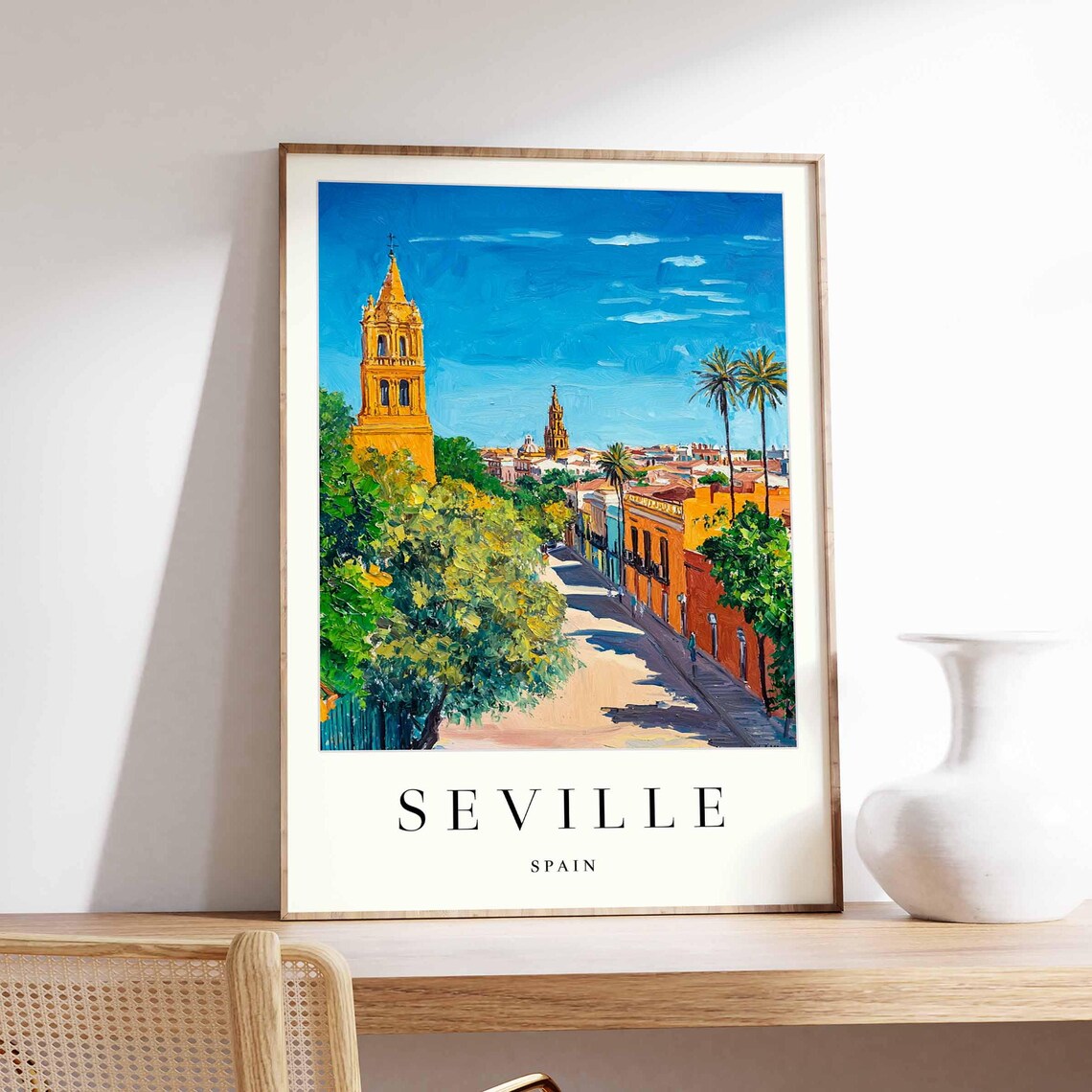 Seville Spain Green Tree Street Church Towers Vintage Poster