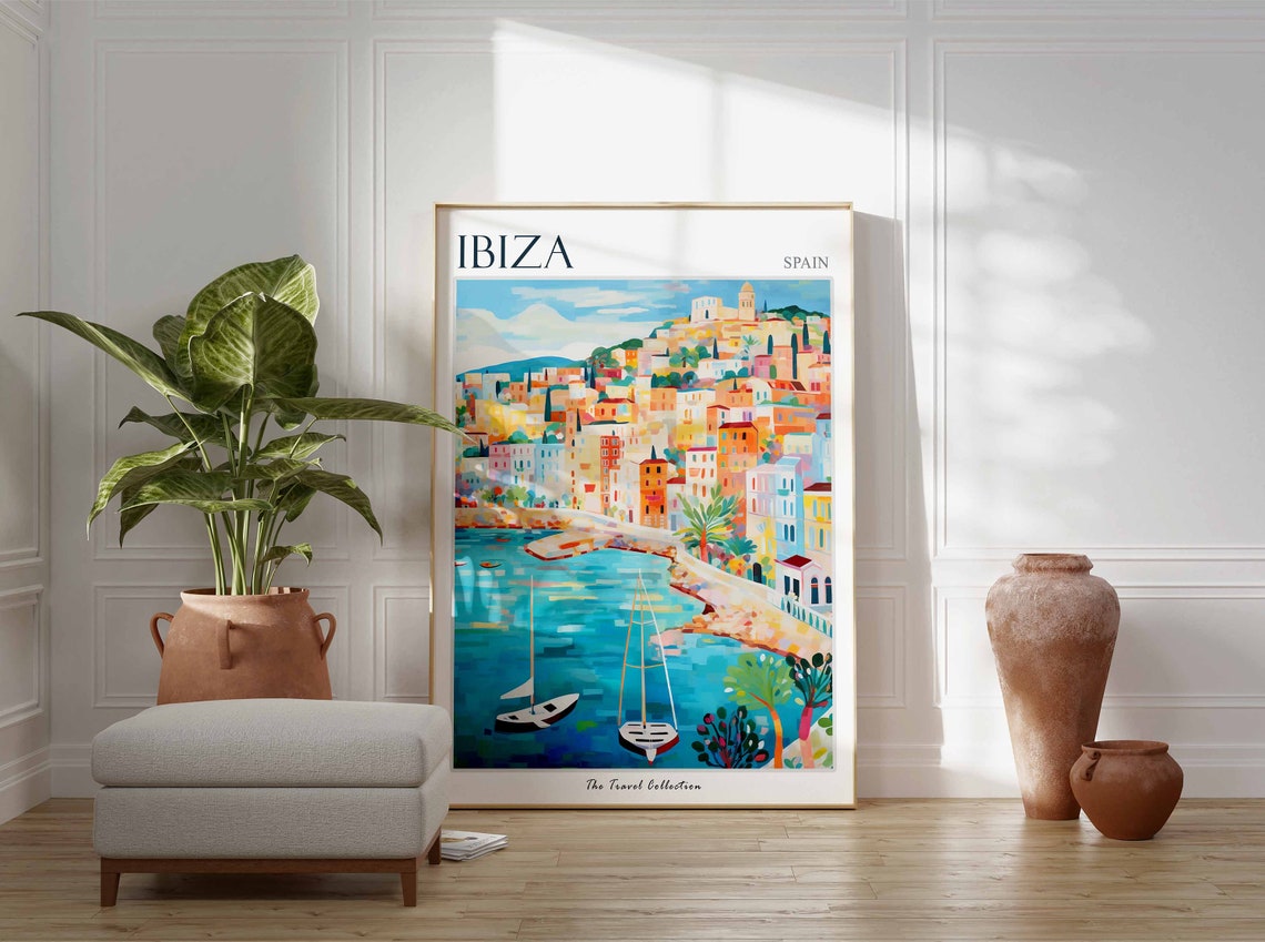 Ibiza Spain Hillside Old Town Harbor Painted Island Travel Poster - Image 2
