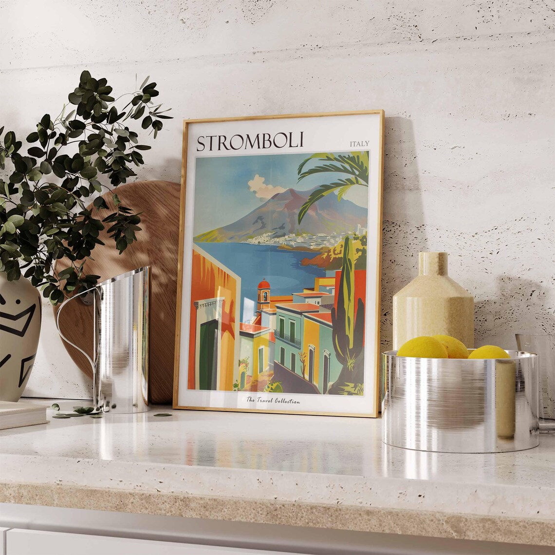 Stromboli Italy Colorful Coastal Town Travel Poster with Volcano View - Image 2