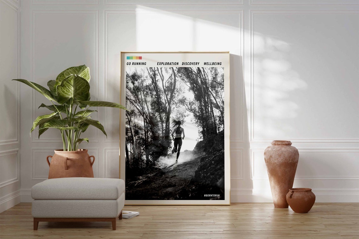 Go Running Born To Run Trail Runner Motivational Poster Black White - Image 2