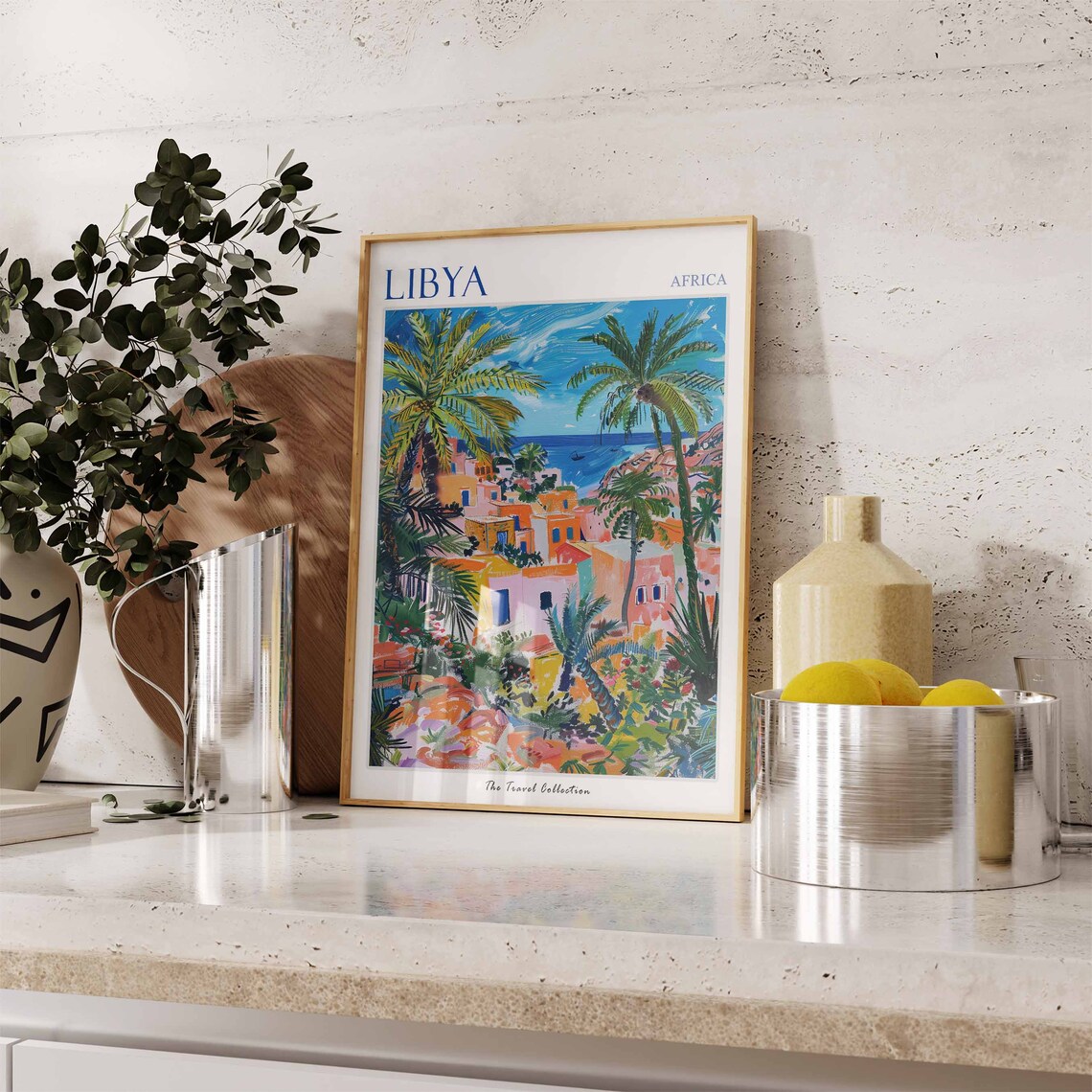 Libya Africa Coastal Village Travel Poster Palms Boats Seaside Art - Image 3