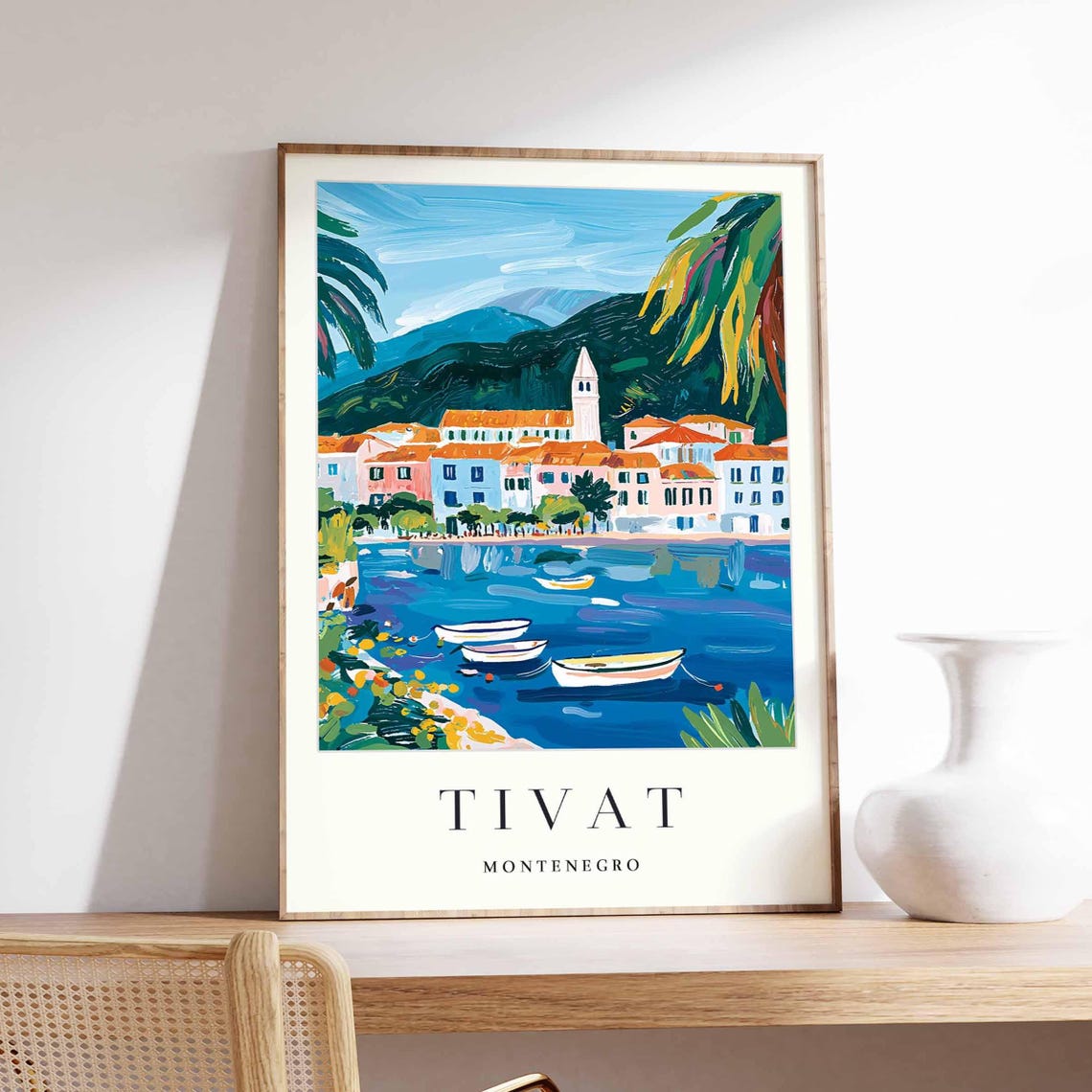 Tivat Montenegro Bay Boats Church Tower Palms Mountain View Poster