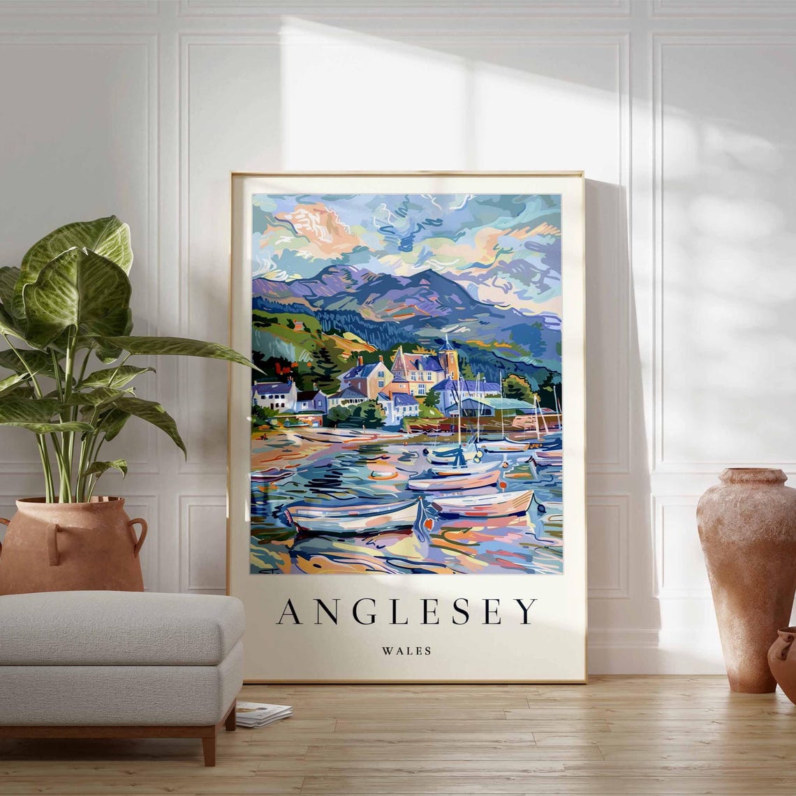 Anglesey Wales Harbor Town Boats Mountain Colorful Art Poster