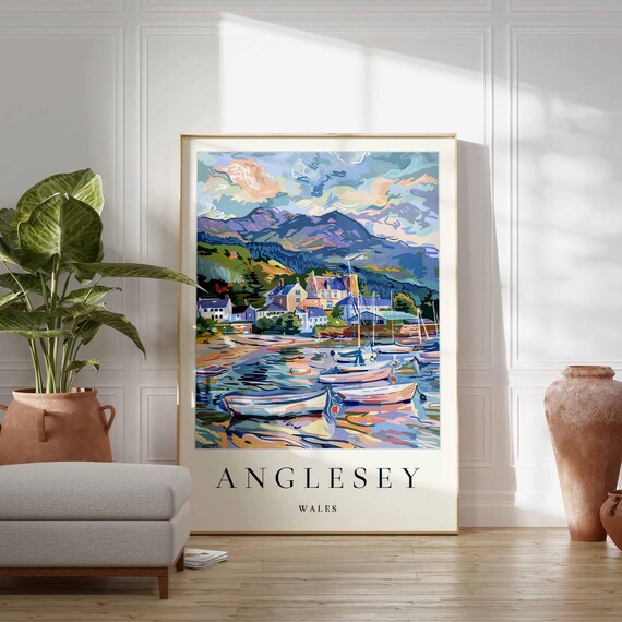 Anglesey Wales Harbor Town Boats Mountain Colorful Art Poster