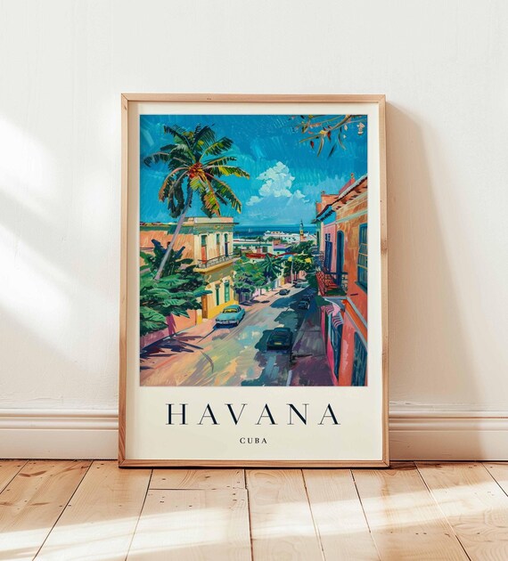 Havana Cuba Classic Cars and Palm Lined Colonial Street Scene Poster