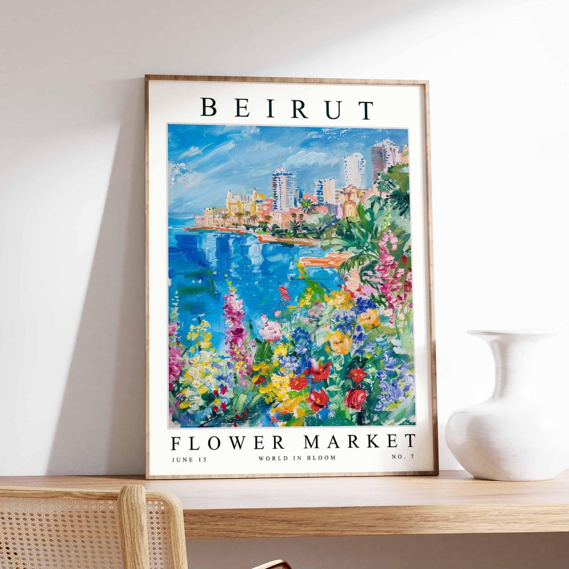 Beirut Seaside Skyline Wildflower Meadow Blue Sea Flower Market Poster