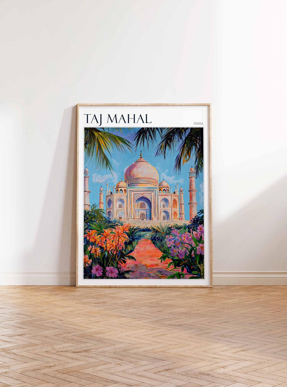 Taj Mahal Palm Trees Framing Tropical Flower Garden Art Poster - Image 2