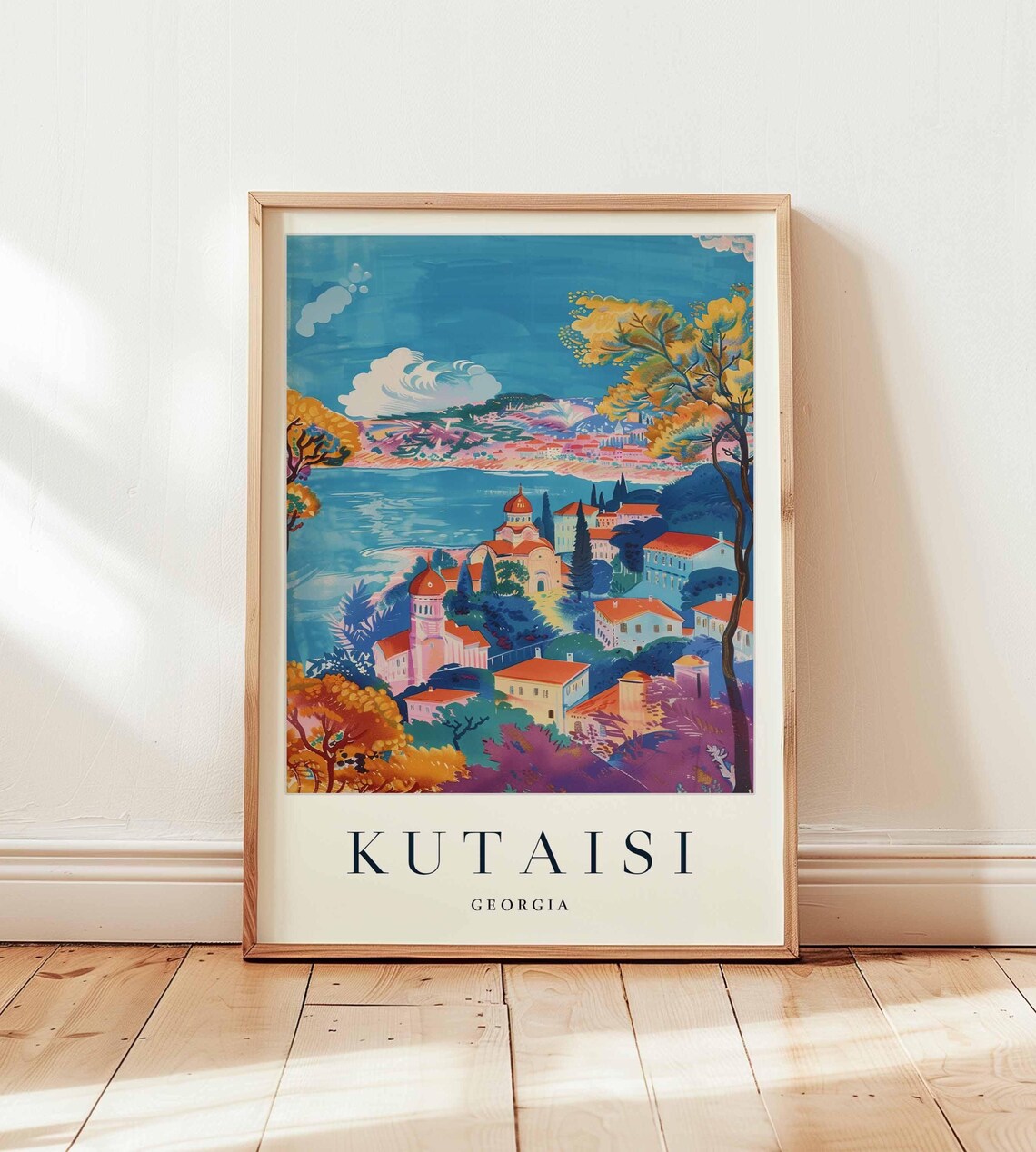 Kutaisi Georgia Travel Poster Riverside Old Town Domed Churches Colorful