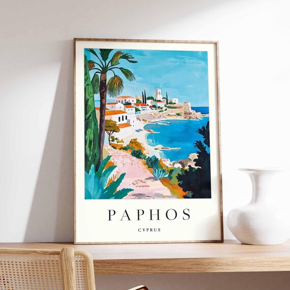 Paphos Cyprus Coastal Old Town Palm Tree Sunny Travel Art Poster