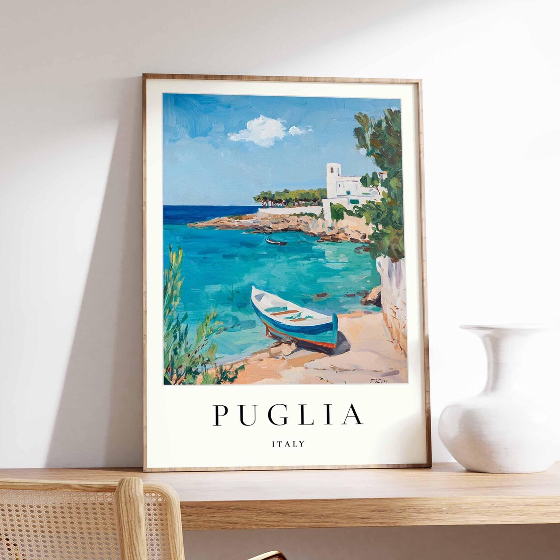 Puglia Italy Turquoise Cove with Fishing Boat Coastal Travel Poster