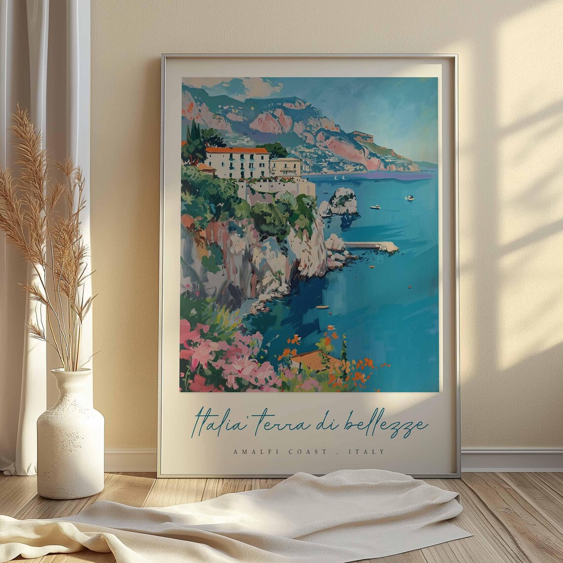 Amalfi Coast Rocky Cliffs Seaside Villa Boats Floral Scenic Poster - Image 2