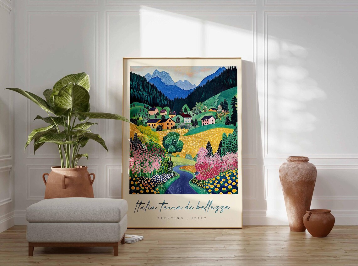Trentino Italy Pointillist Valley Painting River Wildflowers Poster - Image 3