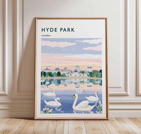 Hyde Park London Swans Serpentine Skyline Sunset Glow Travel Poster