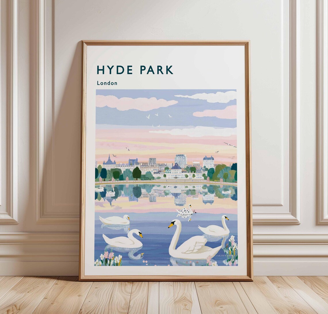 Hyde Park London Swans Serpentine Skyline Sunset Glow Travel Poster