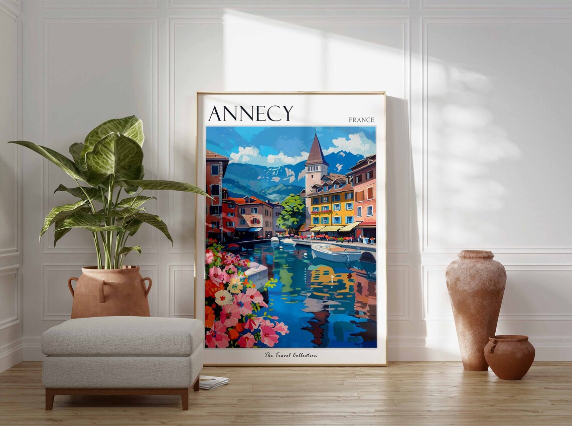 Annecy France Canalside Colorful Buildings Mountains Travel Poster - Image 2