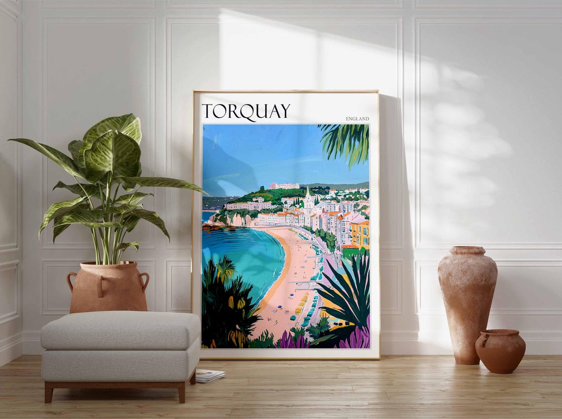 Torquay Palm Beach Tropical Seafront Vibrant Travel Art Poster - Image 2