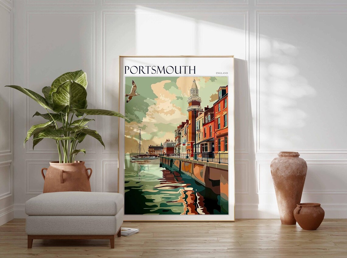 Portsmouth England Vintage Harbor Clock Tower Flat Style Poster - Image 4