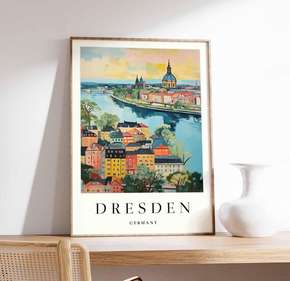 Dresden Germany Colorful Old Town Rooftops Curving Elbe River Poster