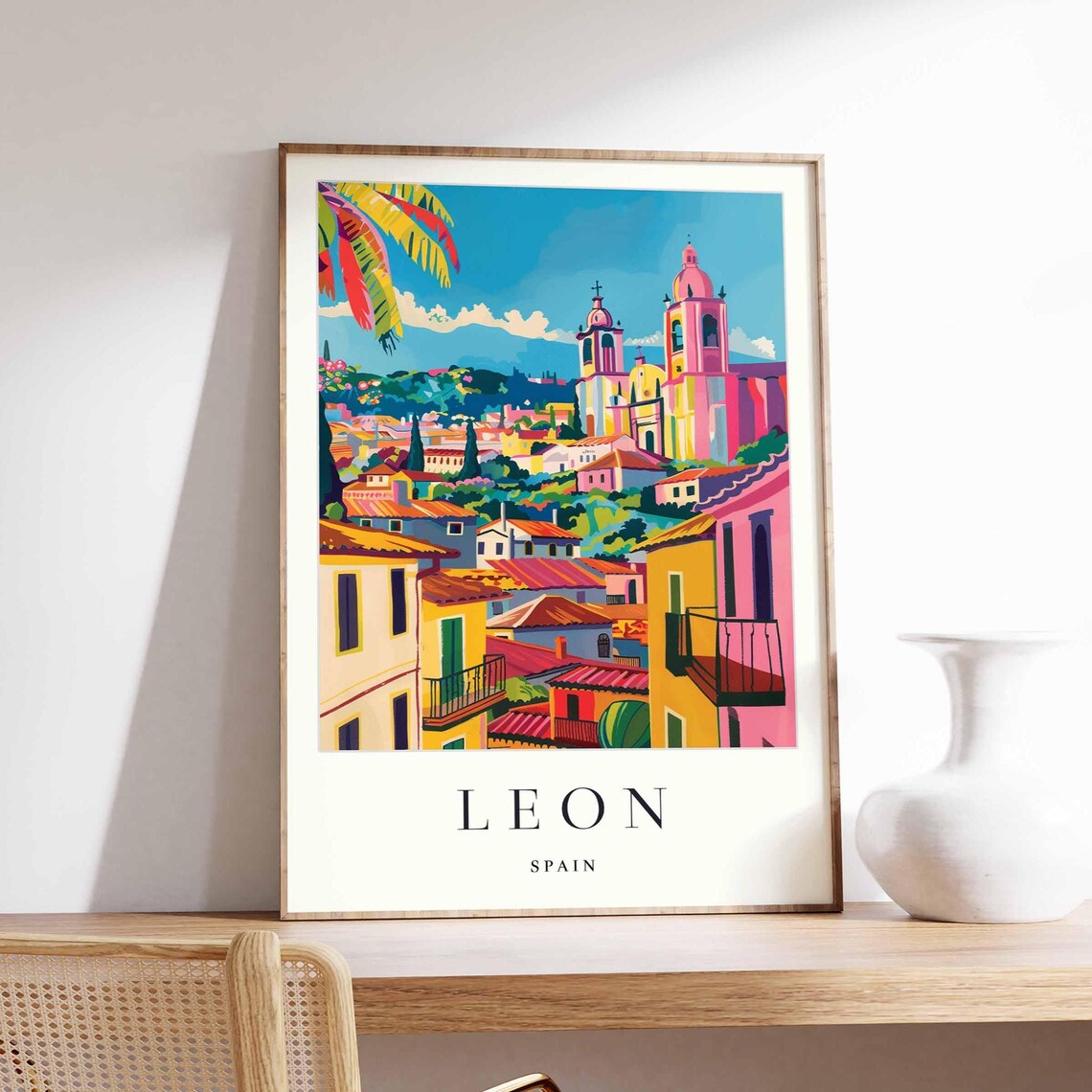 Leon Spain Colorful Old Town and Church Towers Travel Poster