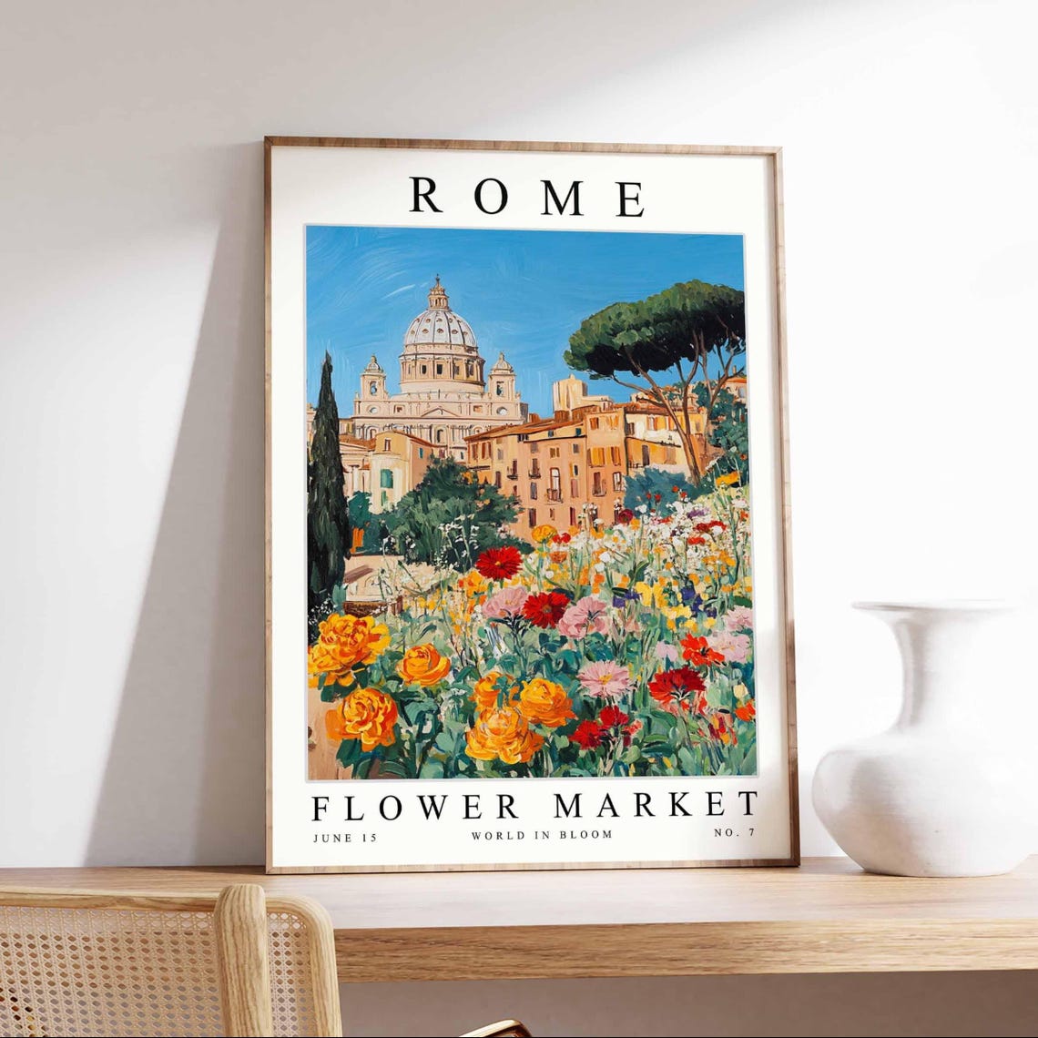 Rome Flower Market Poster Domed Basilica Garden Umbrella Pine Artwork
