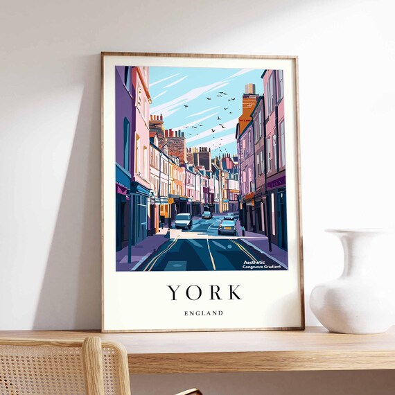 York England Purple High Street Cars Historic City Travel Poster