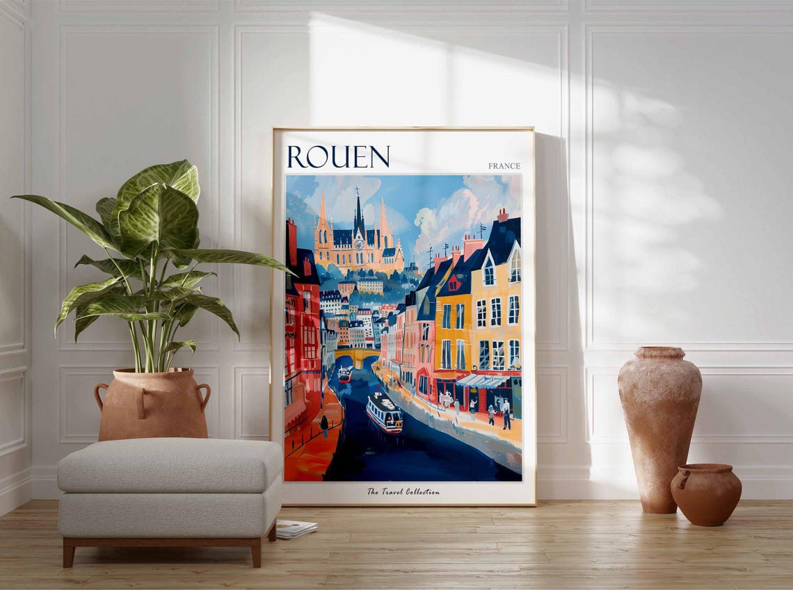Rouen France Cathedral And River Boats Colorful Quayside Poster - Image 3