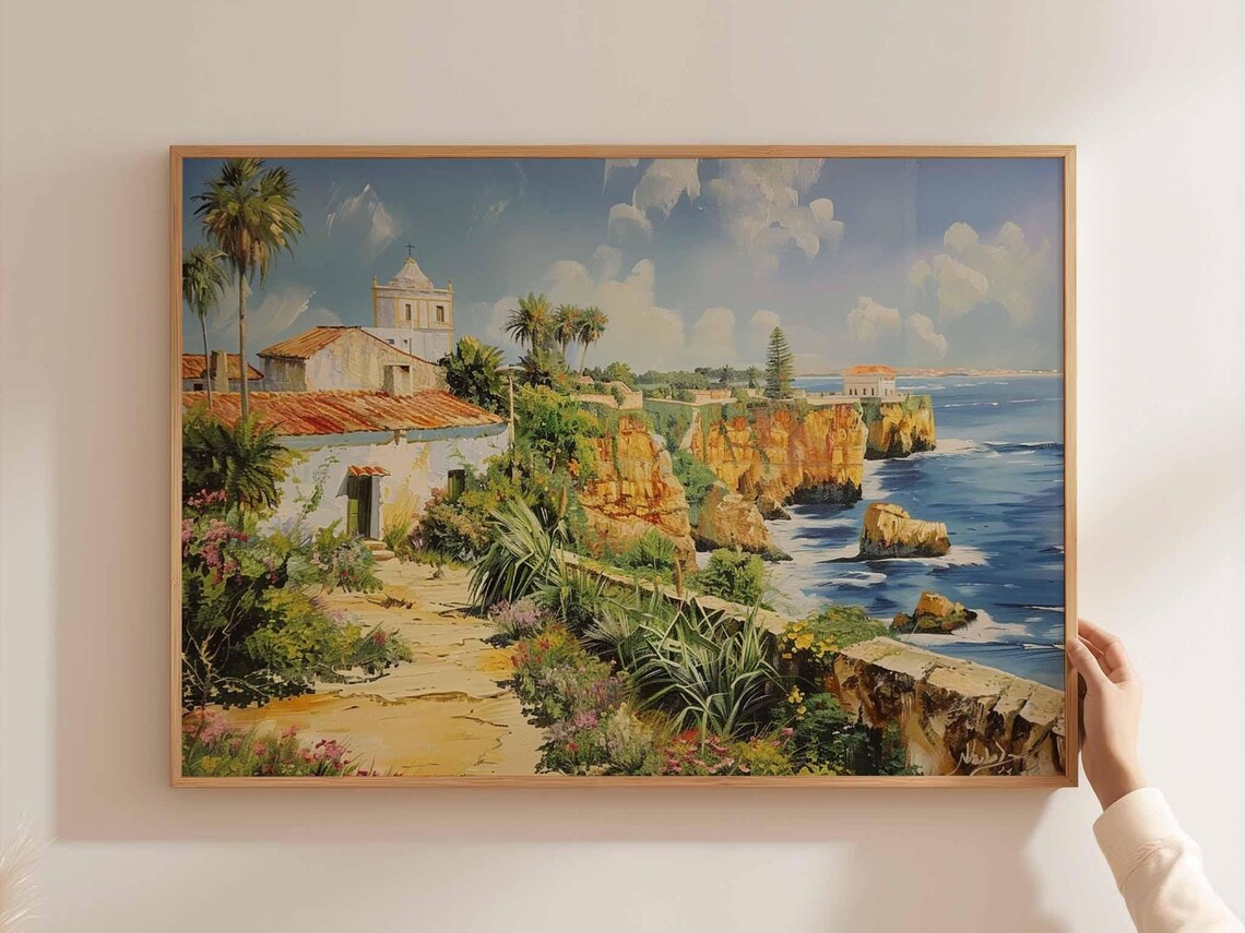 Algarve Sunny Cliffside Coast Church Ocean Portugal Travel Poster