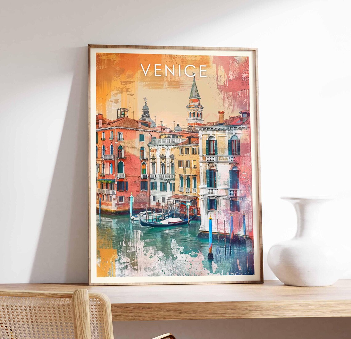 Venice Gondola Italy Warm Grand Canal Church Spire Sunset Travel Poster