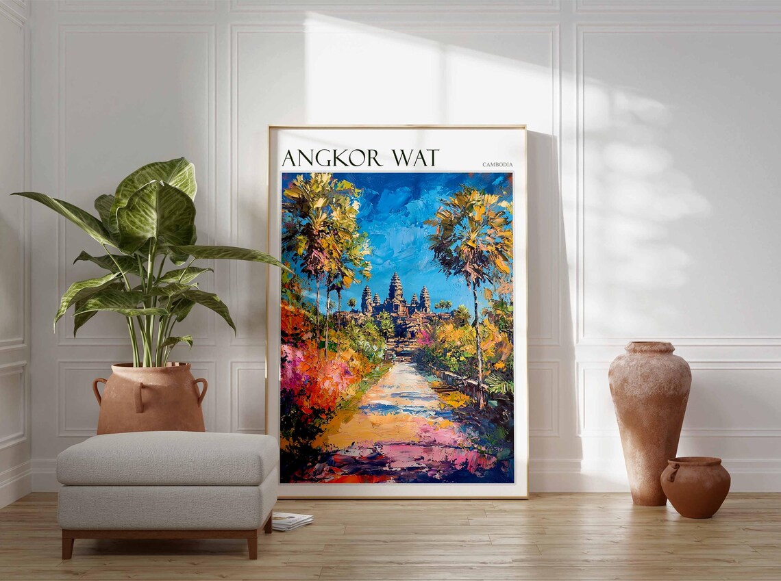 Angkor Wat Cambodia Temple Causeway Colorful Painting Poster - Image 2
