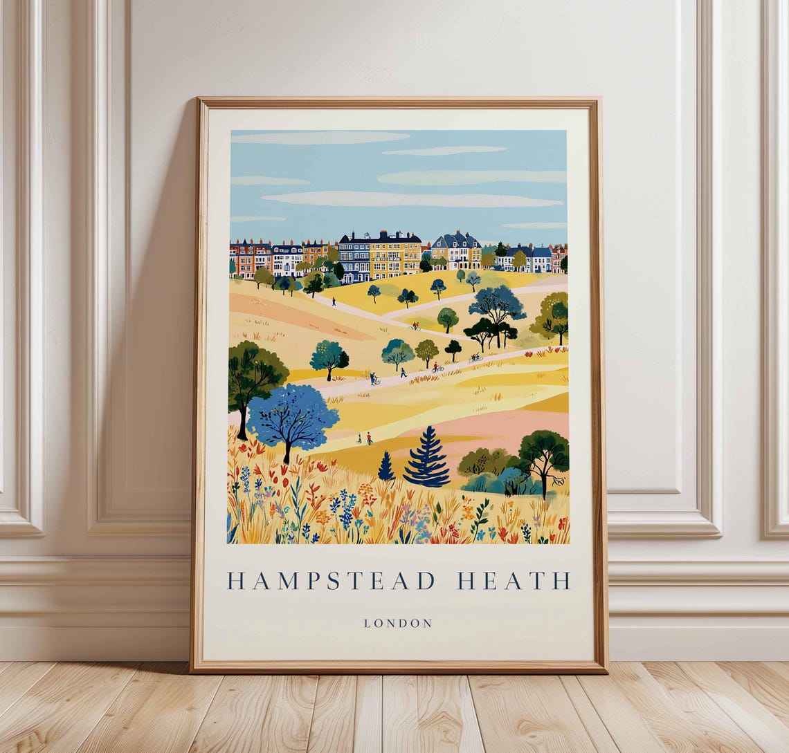 Hampstead Heath London Travel Poster Golden Fields Terraced Houses Art