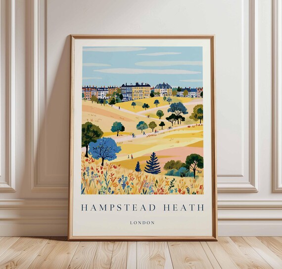Hampstead Heath London Travel Poster Golden Fields Terraced Houses Art