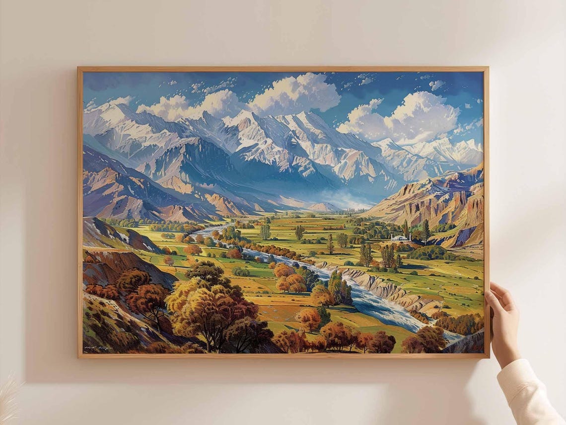 Snowy Mountain Valley River Autumn Landscape Oil Painting Poster