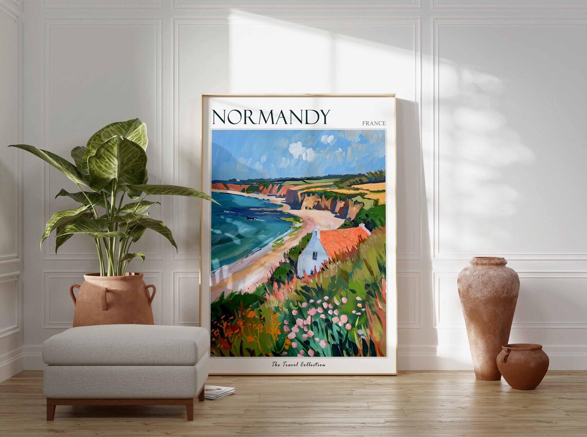 Normandy France Red Cliffs Cottage Wildflower Painting Travel Poster - Image 3