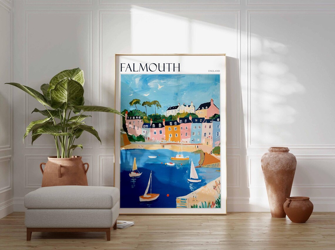 Falmouth England Harbor Town Sailboats Beach Pastel Painting Poster - Image 3
