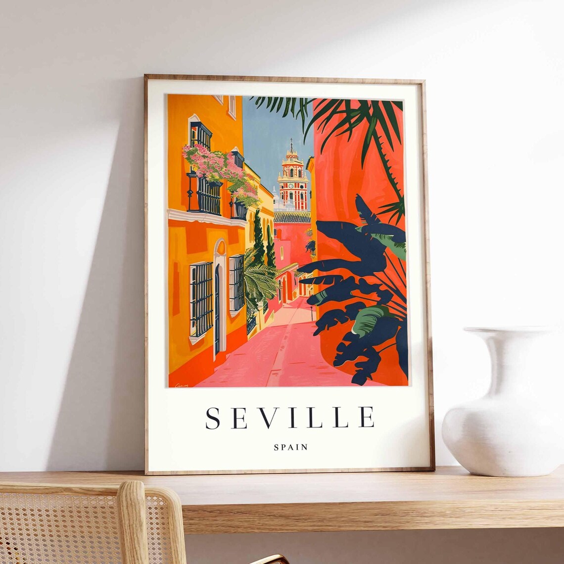 Seville Spain Orange Flower Alley Giralda Tower View Art Poster