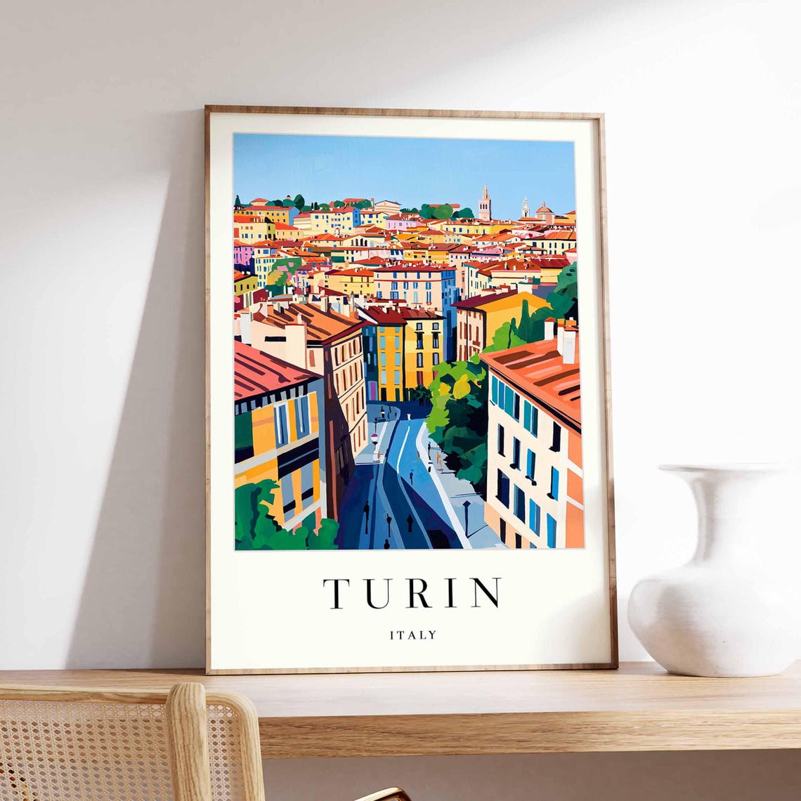 Turin Italy Bright Flat-Color Cityscape Poster with Rooftops View Art