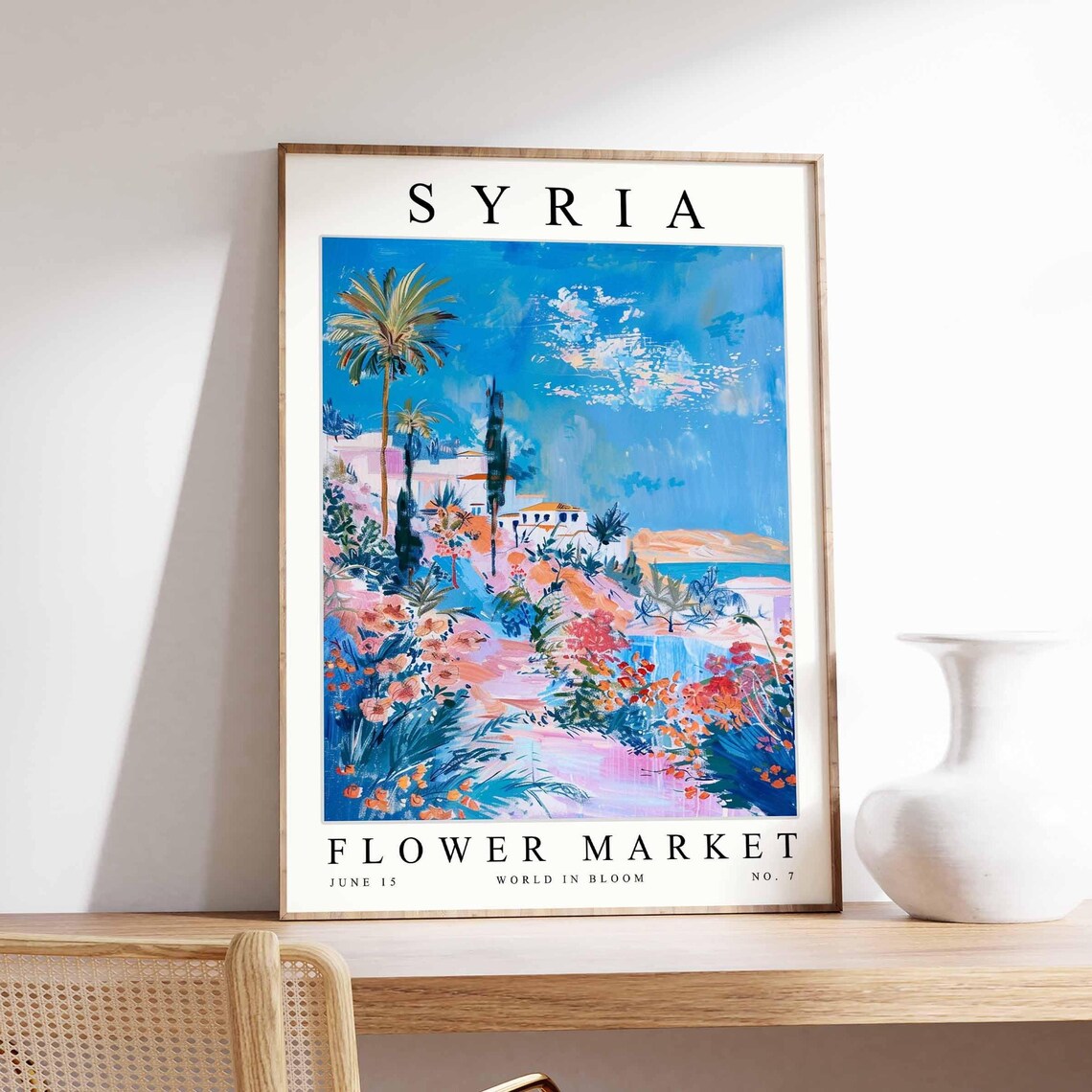 Syria Bright White Coastal Town Palm Flower Fields Art Poster