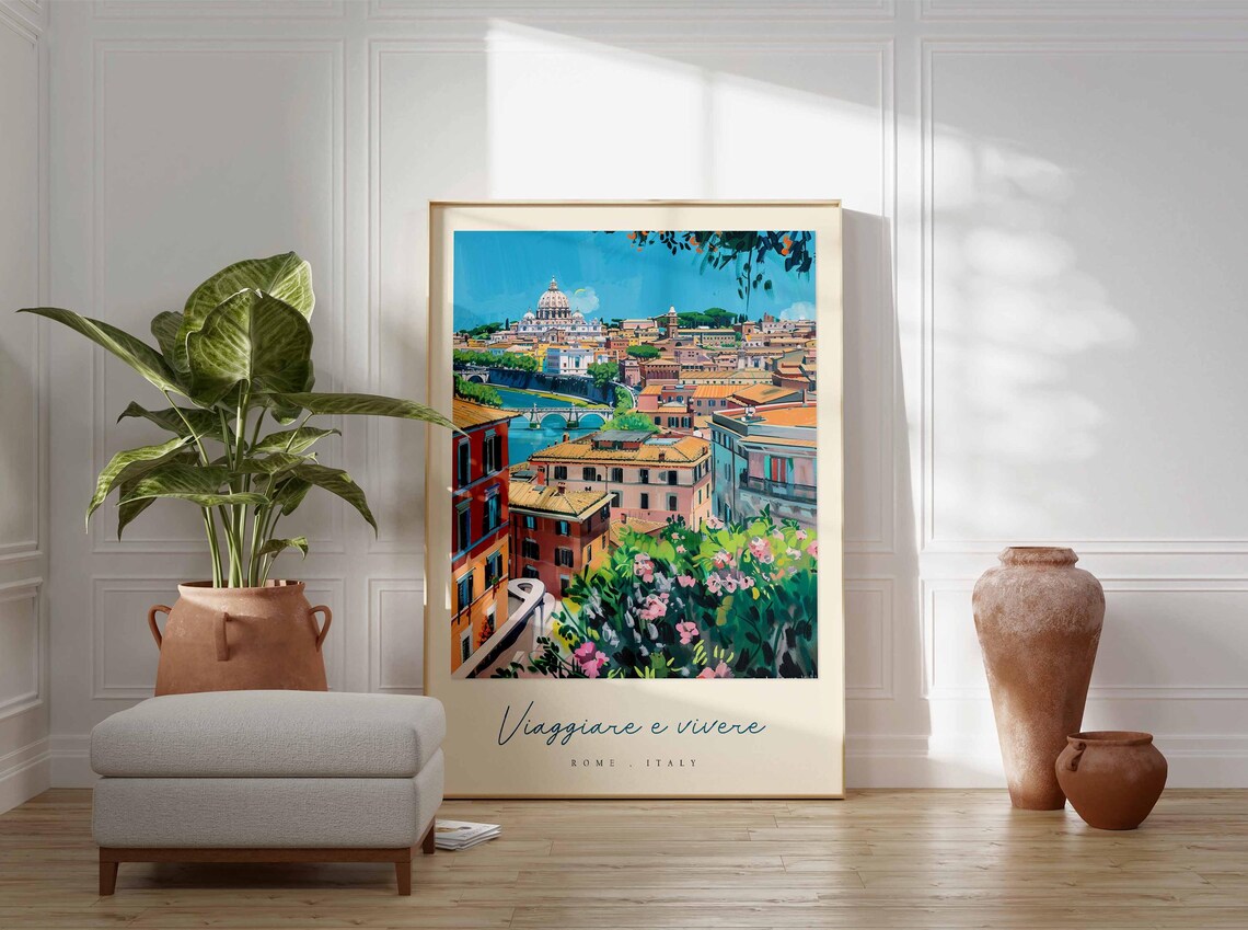 Rome Italy Cityscape St Peters Dome Tiber Watercolor Travel Poster - Image 3