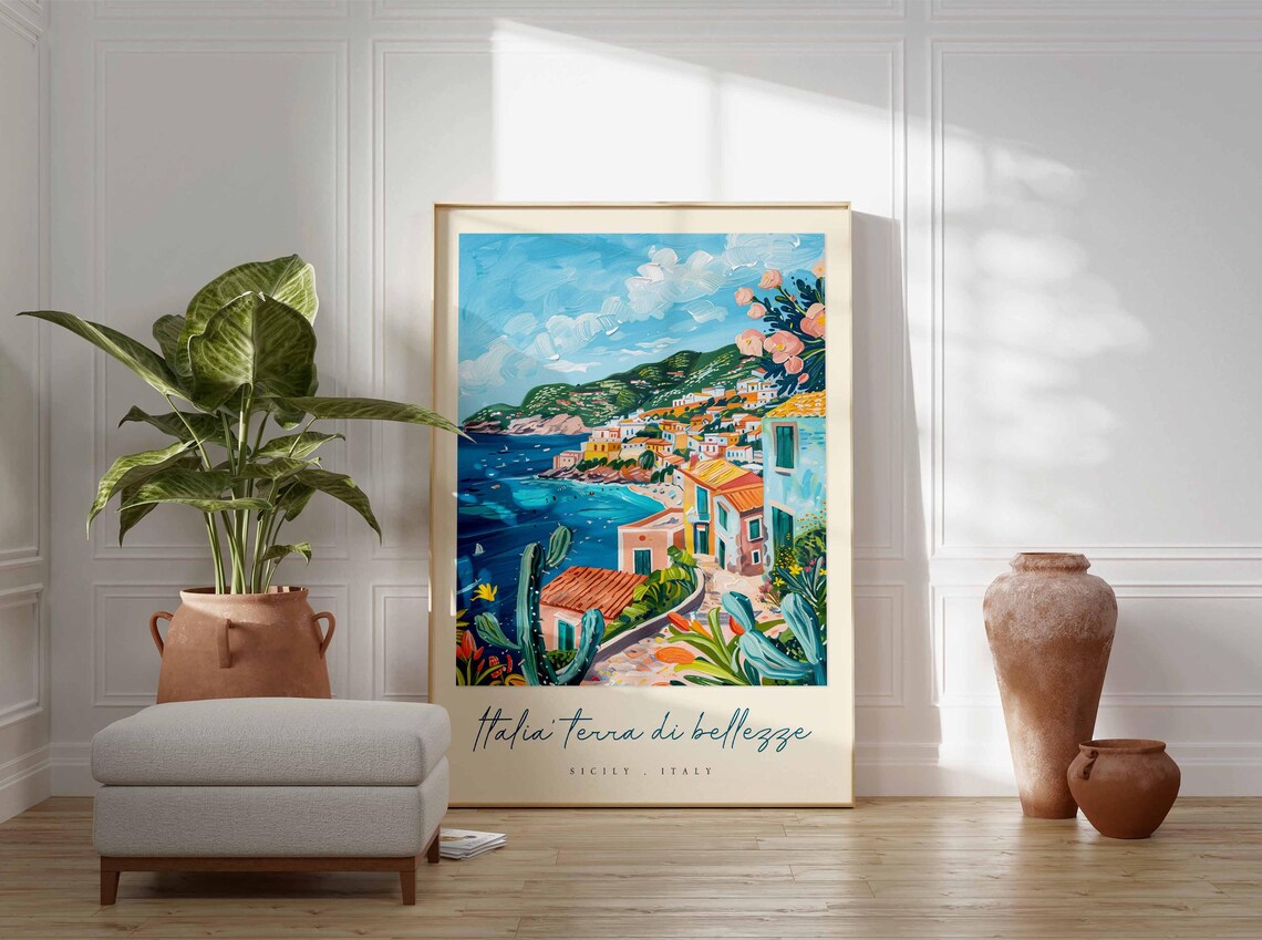 Sicily Italy Village Poster Cacti And Colorful Coastal Town At Noon - Image 3