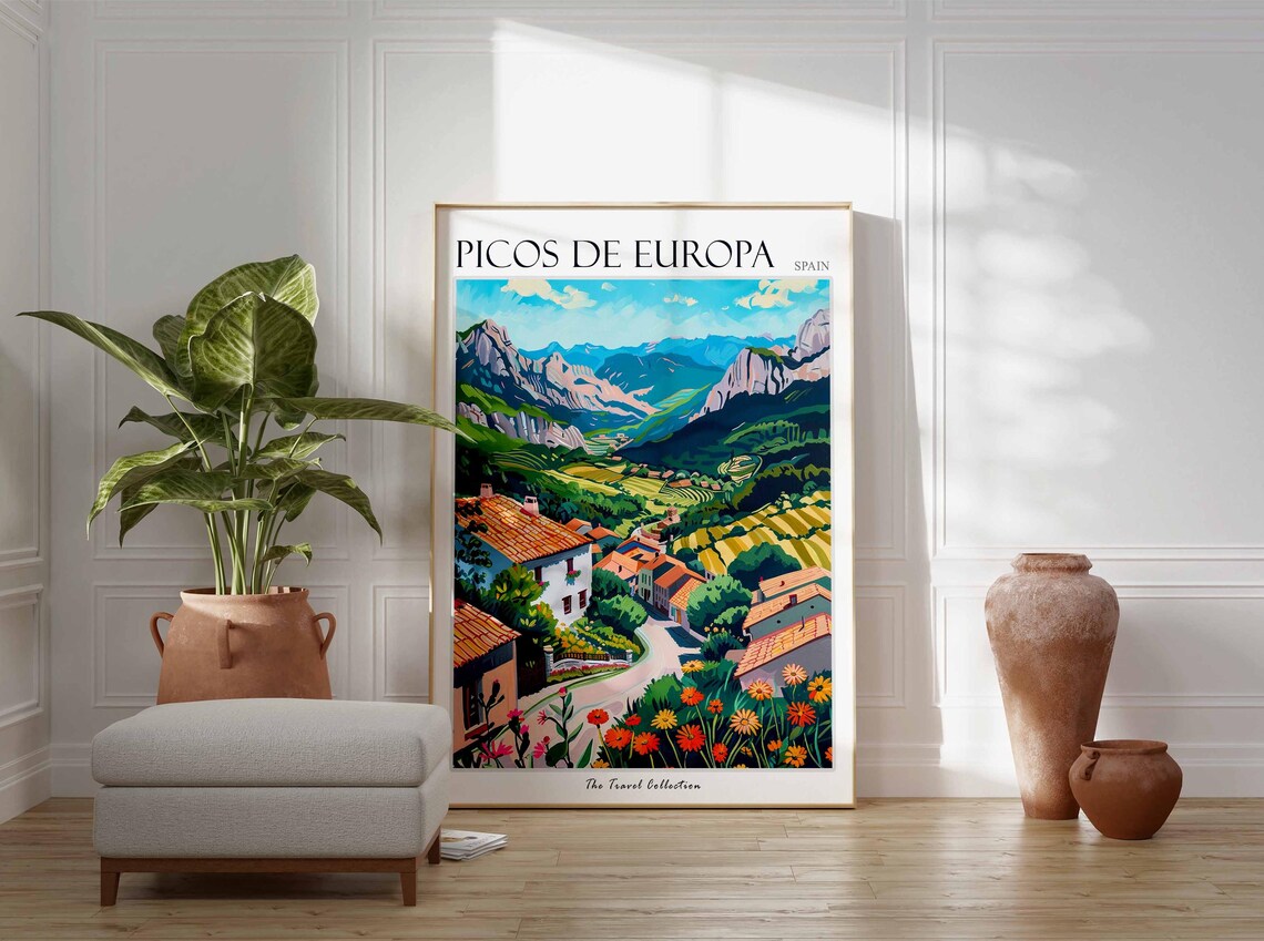 Picos De Europa Spain Red Roof Village Flower Meadow Travel Poster - Image 3