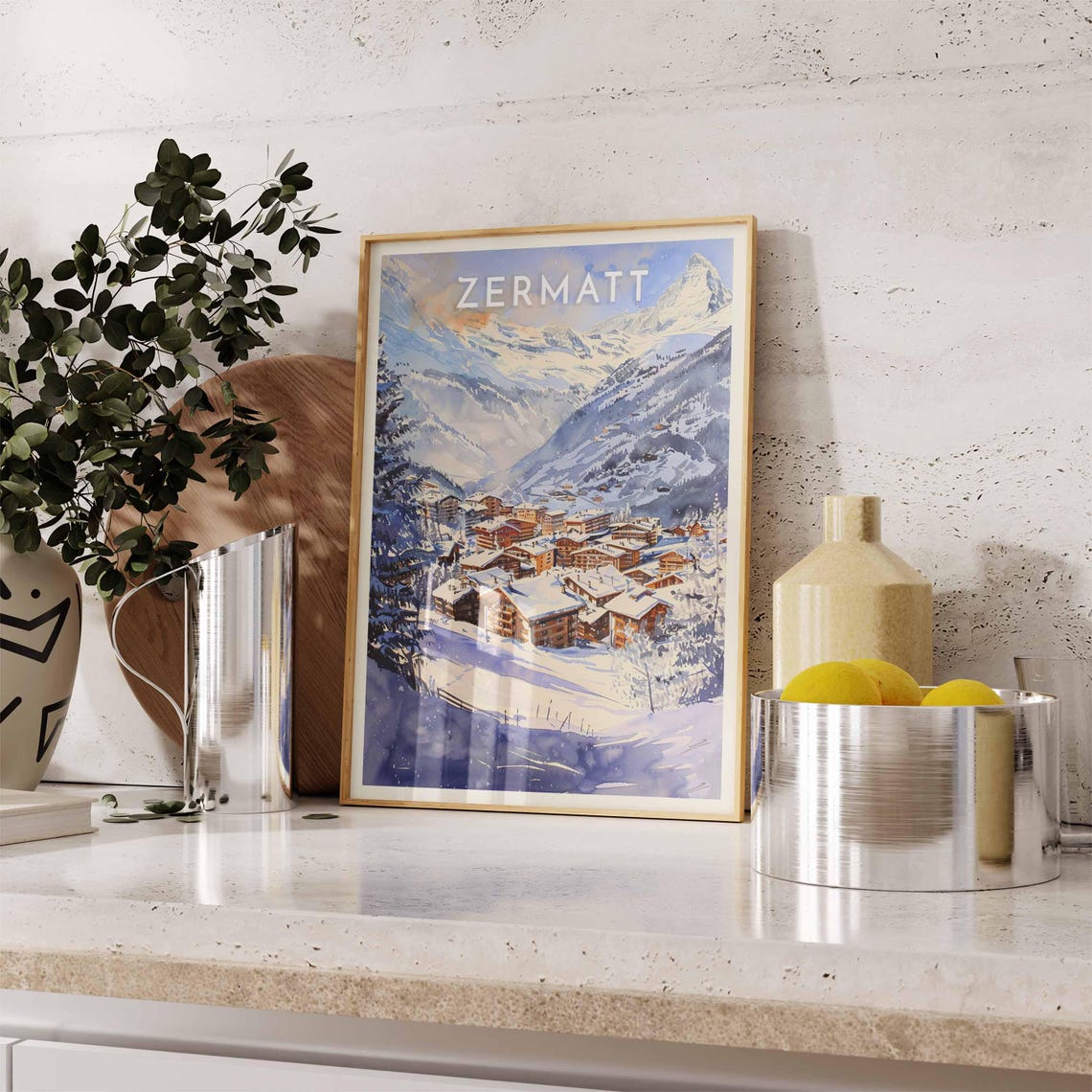 Zermatt Watercolor Village Valley Matterhorn Sunset Glow Poster - Image 2