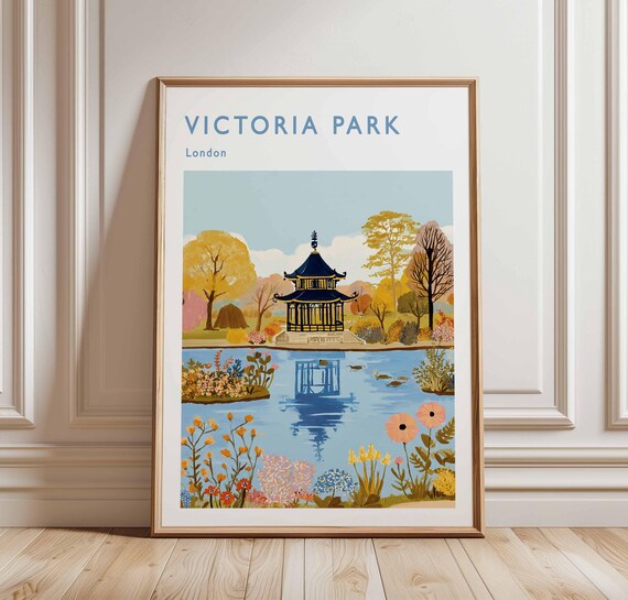 Victoria Park London Pagoda Lake Wildflowers Vintage Travel Poster
