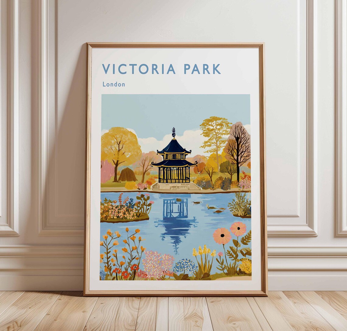 Victoria Park London Pagoda Lake Wildflowers Vintage Travel Poster