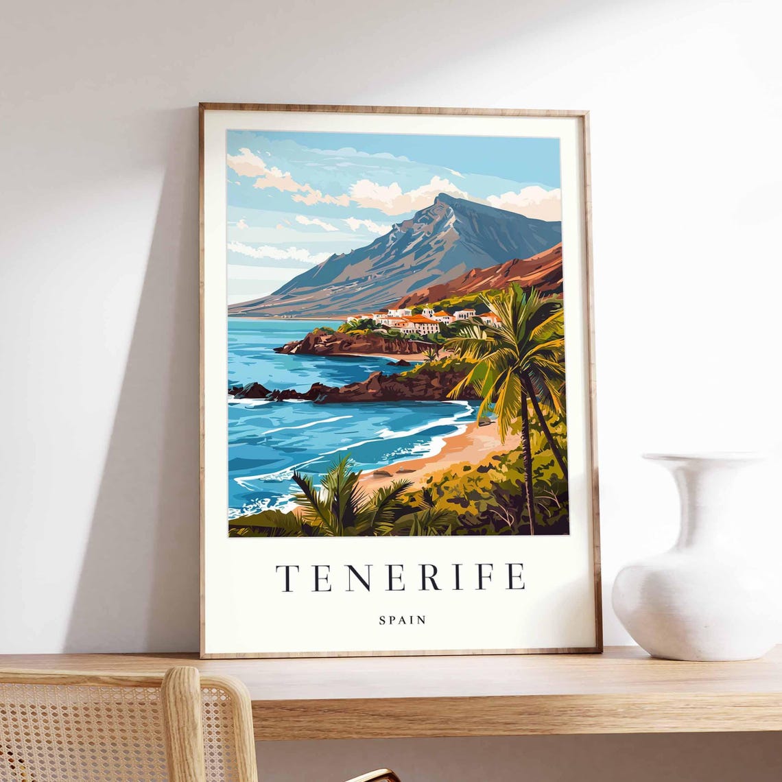 Tenerife Spain Volcano Mountain High Above Tropical Beach Poster