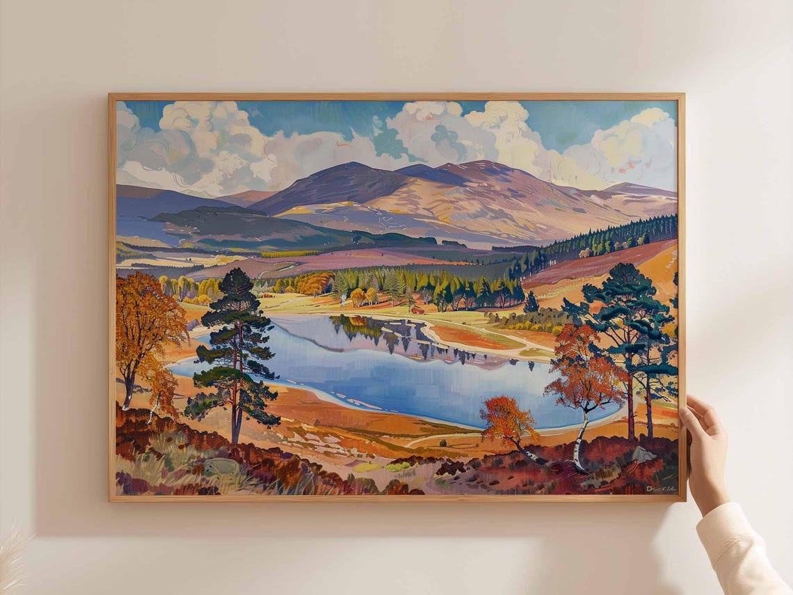 Cairngorms Autumn Loch Birch Trees Purple Peaks Painting Poster