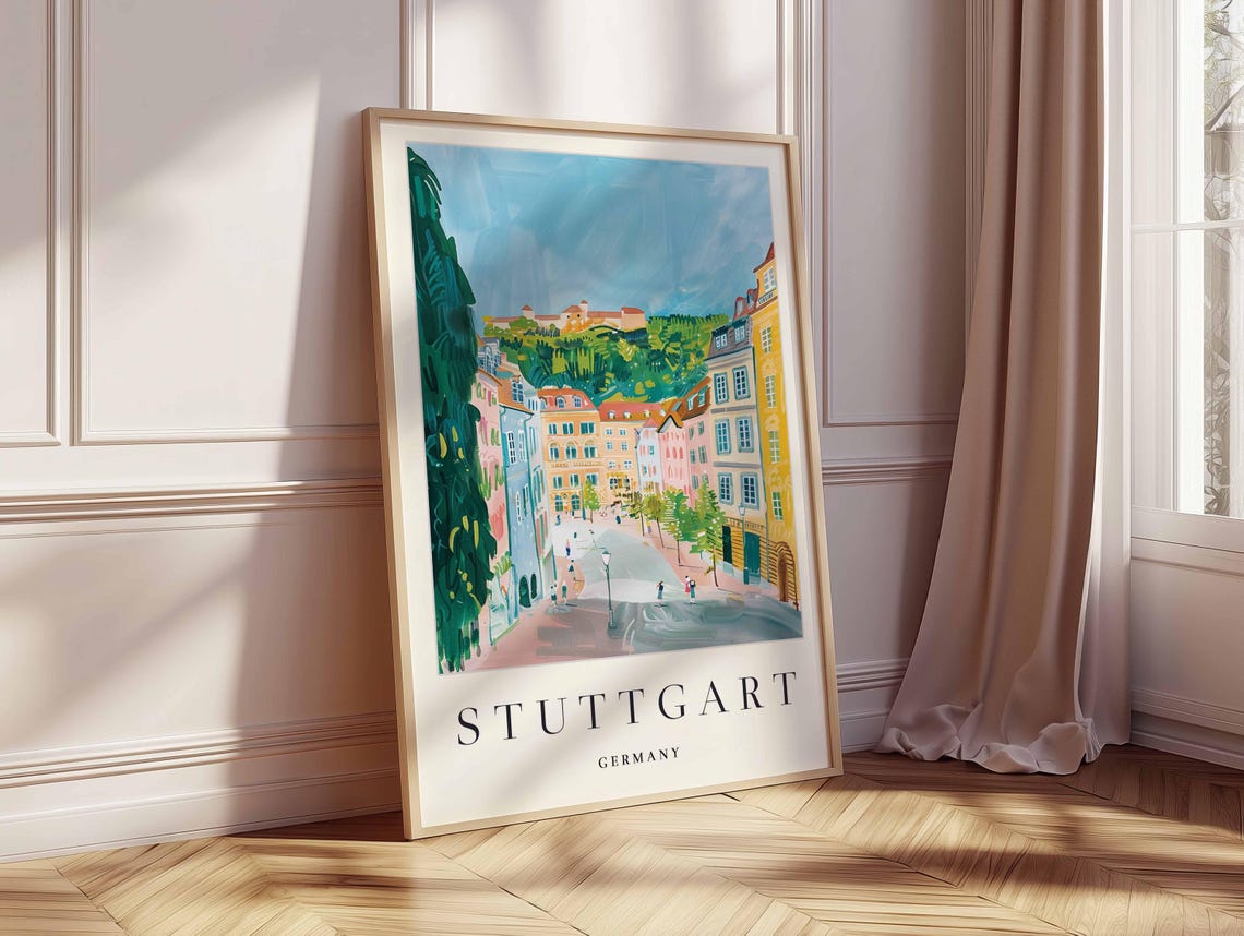 Stuttgart Germany Colorful Painted Old Town Street Scene Travel Poster - Image 2