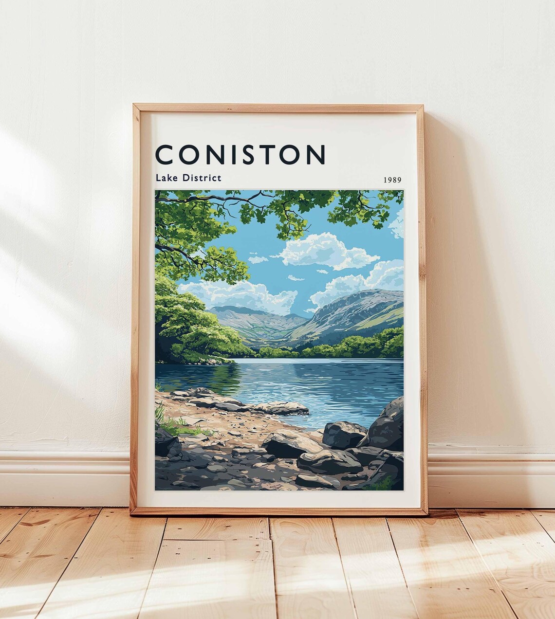 Coniston Lake District 1989 Lakeshore Rocks Hillside Summer Scene Poster