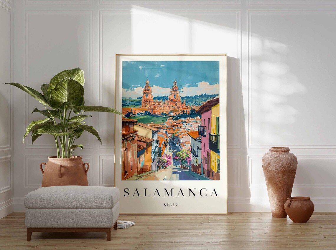 Salamanca Spain Colorful Street View with Twin Cathedral Towers Poster - Image 4