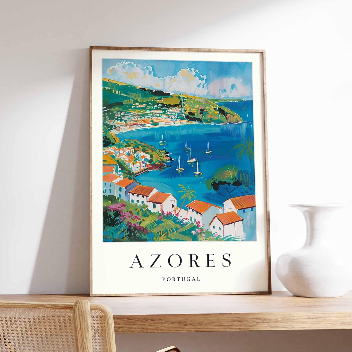 Azores Portugal Sailboat Bay Coastal Village Vintage Travel Poster