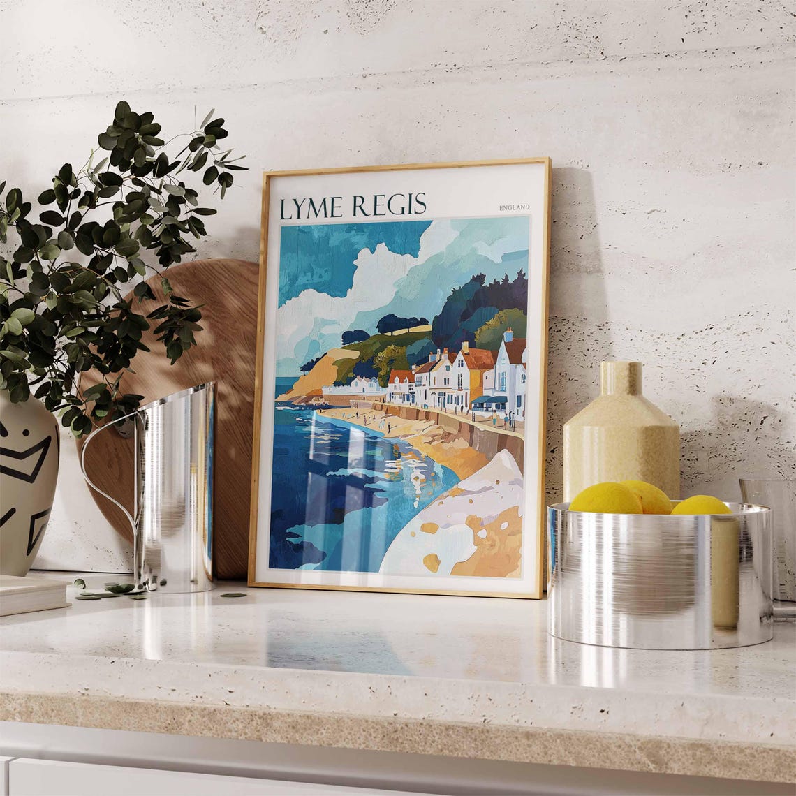 Lyme Regis England Coastal Road Cliffs Waves Houses Art Poster - Image 2